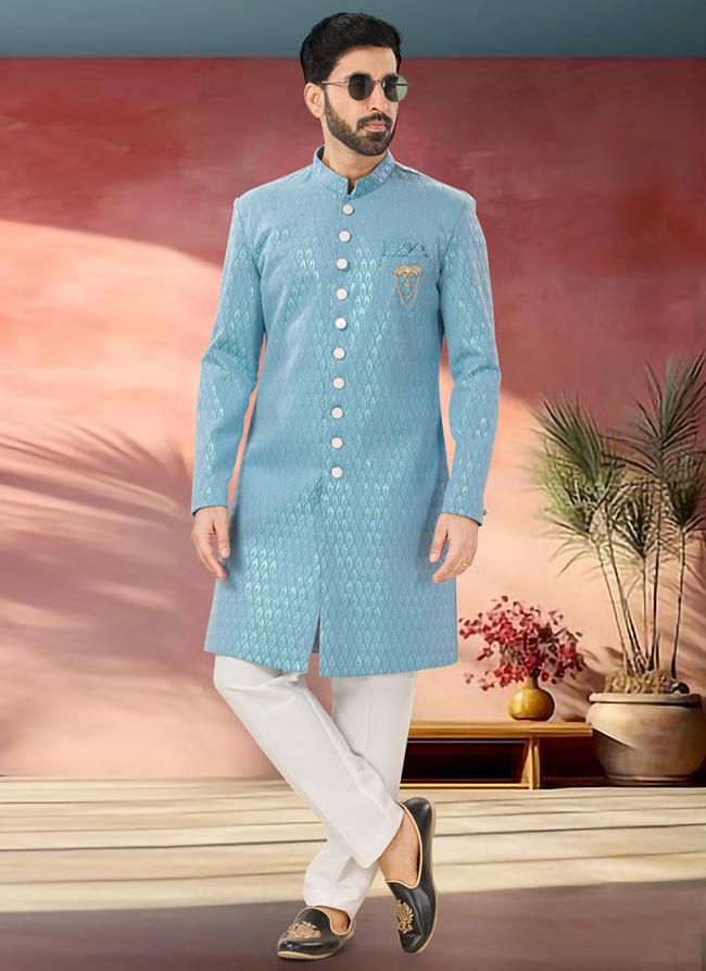 Jacquard Light Blue Wedding Wear Embroidery Work Readymade Sherwani